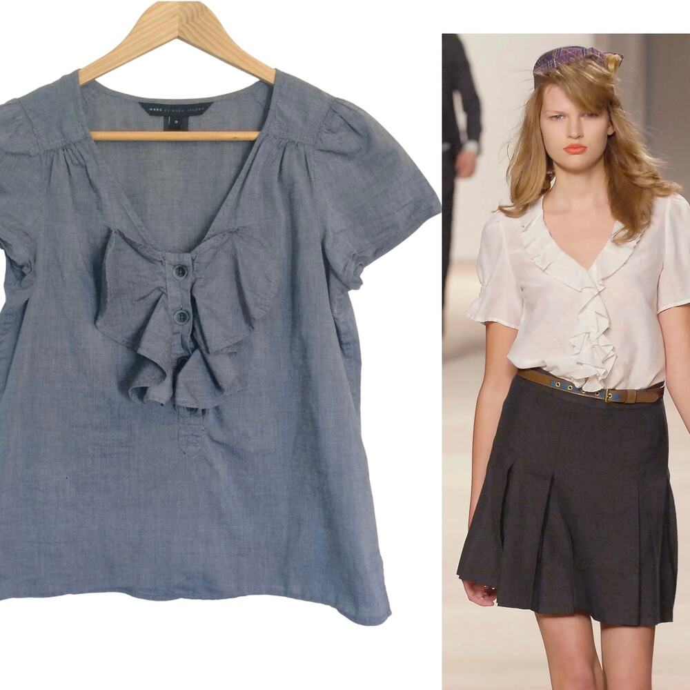 Marc by Marc Jacobs Y2K Blue Chambray Ruffle Jabot Blouse Top Size XS/S